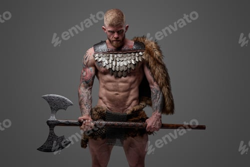 Preview: Dangerous nordic vandal with naked torso and steel axe