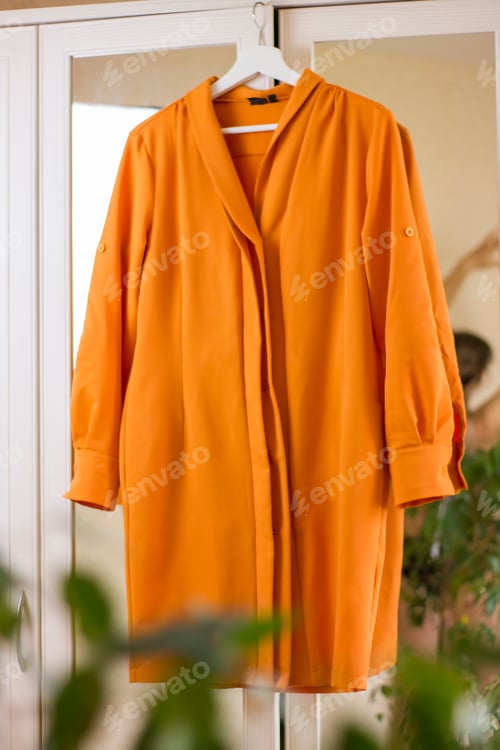 Preview: An orange dress hanging on a hanger on a closet door with a mirror.