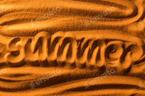 Preview: top view of word summer written in sand with smooth waves and color filter