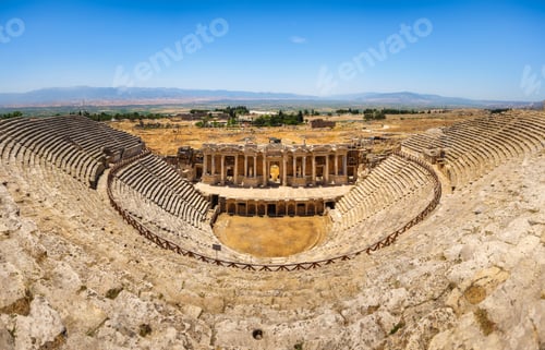 Preview: Hierapolis, Pammukale, Turkey. Ancient amphitheater. Panoramic landscape in the daytime.