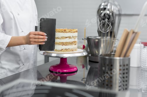 Preview: The pastry chef levels the cake with cream.