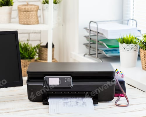 Preview: Printer and computer. Office table