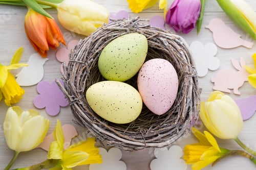 Preview: Easter and spring decoration, flowers and eggs.