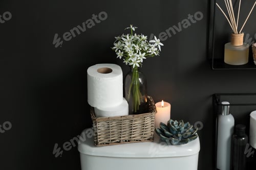 Preview: Decor elements, necessities and toilet bowl near black wall. Bathroom interior