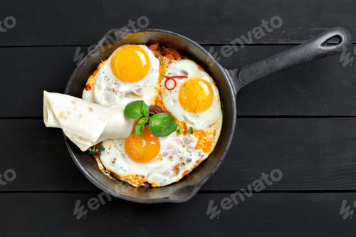 Preview: Top view of frying pan with three fried eggs