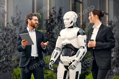 Preview: Robot with businessmen on the street near the building