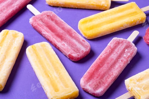 Preview: Red strawberry popsicles and yellow popsicles on purple background