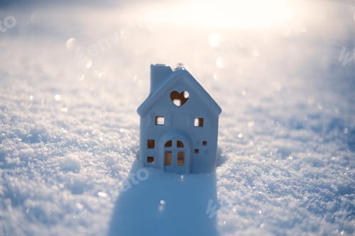 Preview: Winter solstice in snowy forest or park natural scene. Hibernal solstice. Toy house and Sparkling
