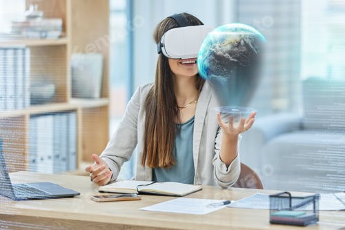 Preview: Vr, 3d and business woman with earth, cyber planet or holographic world or overlay in office. Virtu