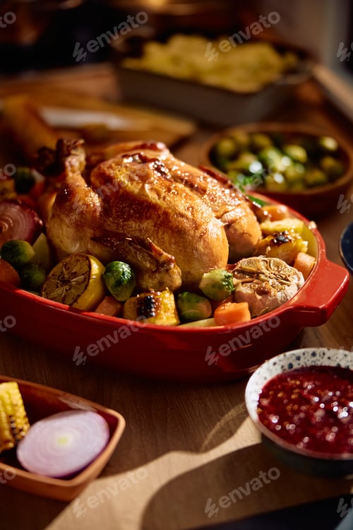 Preview: Close up of Thanksgiving turkey with roasted vegetables.