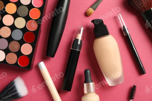 Preview: Set of makeup products on pink background, flat lay