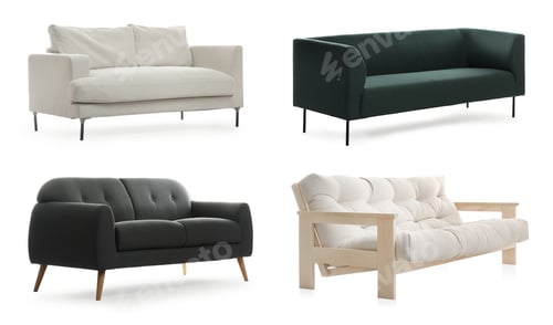 Preview: Different stylish comfortable sofas on white background, collage
