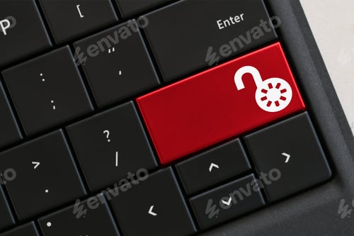 Preview: Computer keyboard with red key with open lock icon, security unsecured unlocked vulnerable concept