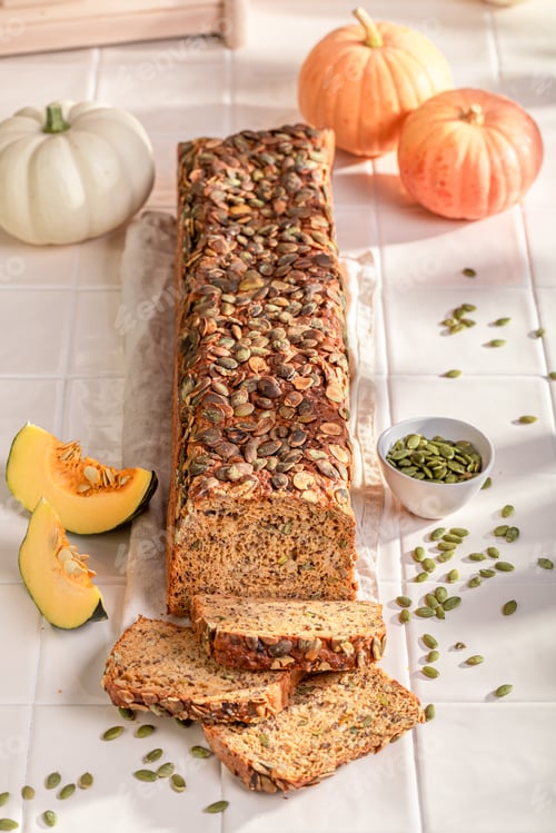 Preview: Tasty pumpkin bread with grains and sesame seeds.
