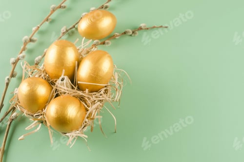 Preview: Golden colour egg in a tray with willow branches on pastel light green background.