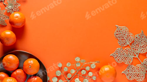 Preview: Chinese or lunar new year flat lay with mandarins, pink peach flower and tea set on orange