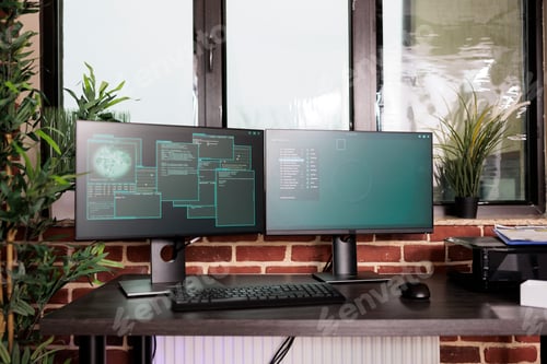 Preview: Empty coding room with multiple monitors on desk,