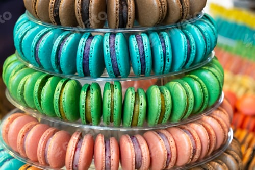 Preview: Colorful delicious French macarons pyramid for the candy bar for wedding or happy birthday party, st