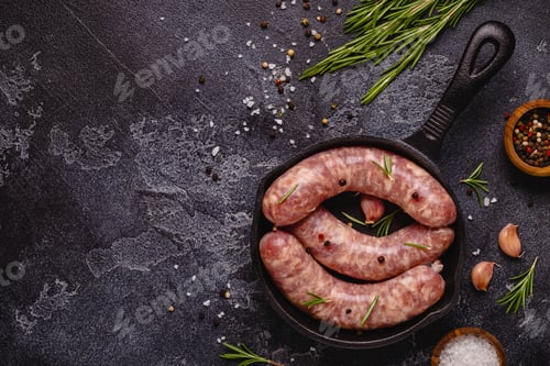 Preview: Raw sausages and ingredients for cooking on a black stone table.