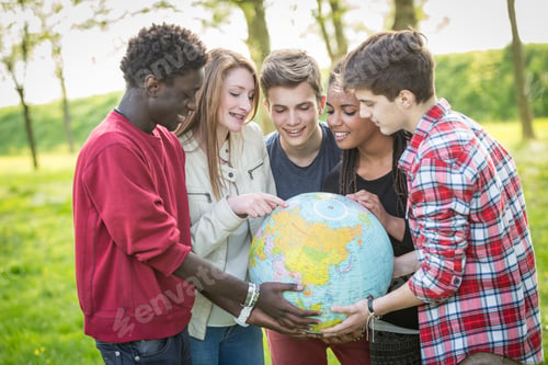 Preview: Group of Teenagers Holding World Globe Map