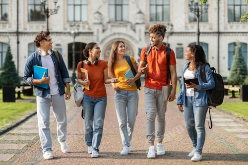 Preview: Happy university students walking together on campus, chatting and laughing