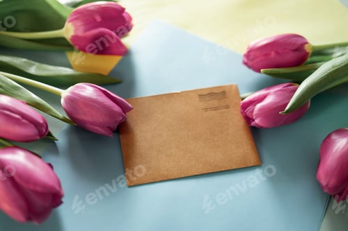 Preview: Spring mockup with blue blank paper list and pink tulip flowers on yellow background top view. Beaut