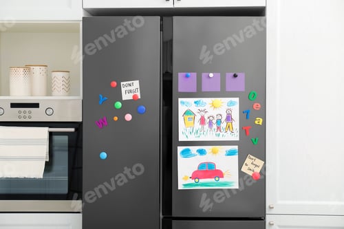 Preview: Refrigerator with Child Drawings and Colorful Magnets