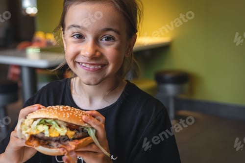 Preview: A little girl eats an appetizing burger, close-up.