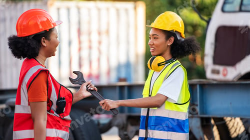 Preview: Woman Technician or maintenance worker hold mechanic tool box near old cargo container tank