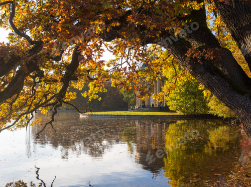 Preview: Historic Building Reflected in Water with Autumn Trees