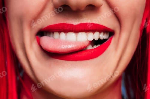 Preview: Sexy female lips. Funny open mouth with tongue sticking out. Beautiful face close-up.