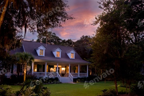 House at Twilight with Beautiful Sky and Landscape