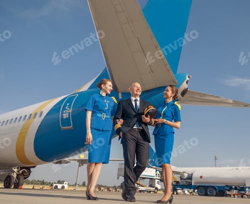 Preview: Happy pilot and two pretty stewardesses standing together in front of an airplane