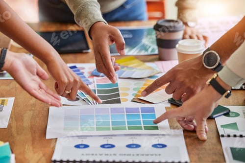 Preview: Color design, creative and hands of business people point on desk for branding meeting, strategy an
