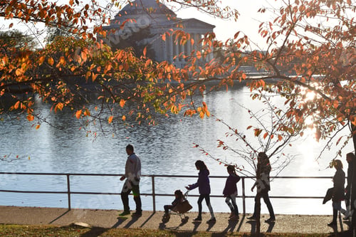 Preview: Silhouette family walking around basin in DC Jefferson Memorial in background and fall foliage