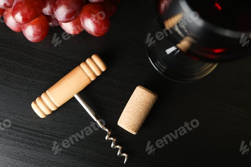 Preview: Grapes, corkscrew, cork and wine glass on dark table, top view