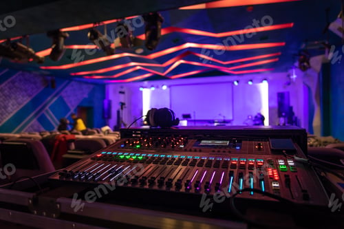 Preview: Close up, sound music mixer control panel on blurred background.