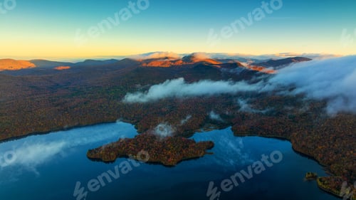 Preview: Aerial view of lake in Vermont at sunset