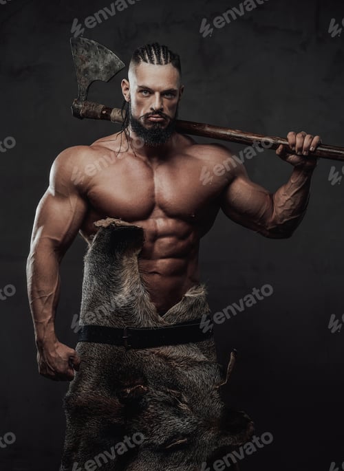 Preview: Viking with huge biceps and naked torso posing with axe