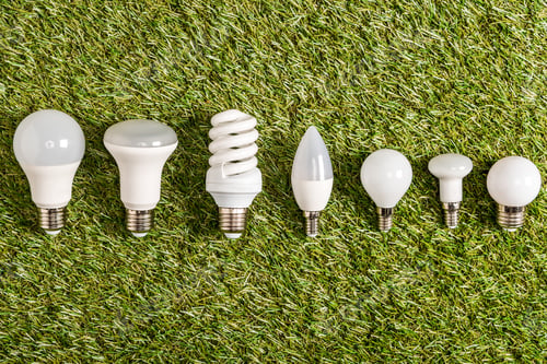 Preview: flat lay of fluorescent lamps on green grass, energy efficiency concept