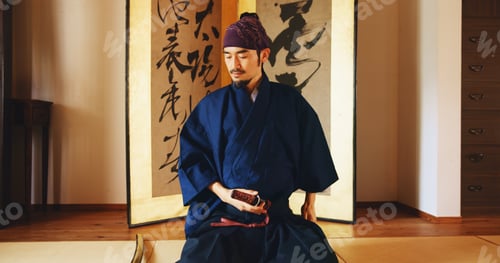 Preview: Dojo, ready and sword with Samurai man in Japan for combat, martial arts or training, Culture, star
