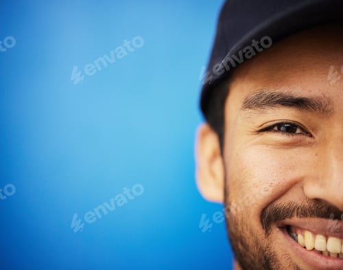 Preview: Studio, portrait and closeup on half of man in sports on blue background with advertising, mockup o