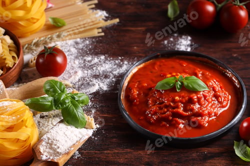 Preview: homemade spaghetti pasta and tomato sauce on a wooden table