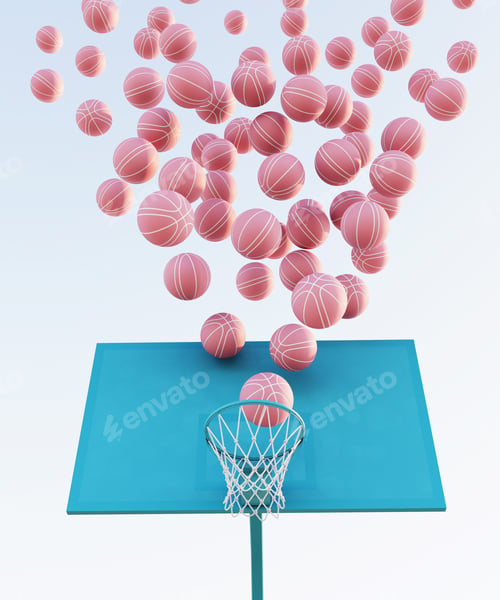Preview: abstract pastel pink blue color basketball court with hoop and ball minimalistic composition. 3d