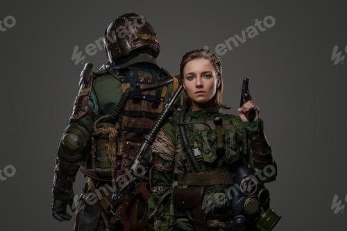 Preview: Female soldier with her camaraderie against gray background