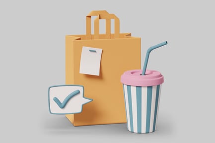 Preview: Shopping bag, cup, and speech bubble.