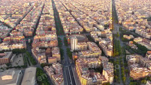 Preview: Aerial view of Barcelona Urban Skyline and Plaza de Toros Monumental de Barcelona (bullring)