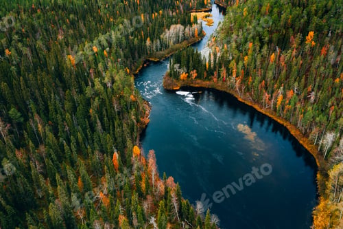 Preview: Aerial view of fast blue river flow through fall colorful trees in woods forest.