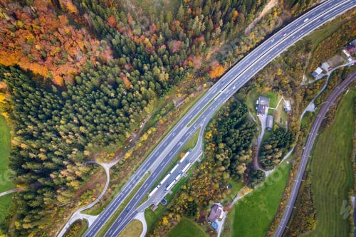 Preview: Top dawn aerial view of freeway speed road between yellow autumn forest trees in rural area.