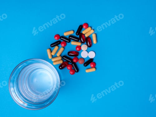 Preview: Top view with a glass of water and next to it multicolored pills and capsules